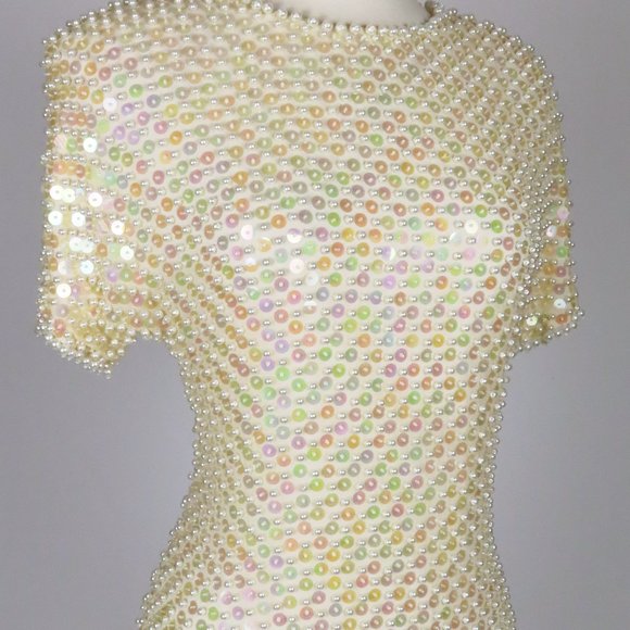 Vintage 80s Pearl Heavily Beaded Cocktail Party Prom Trophy Sheath Dress  S M - Picture 3 of 16